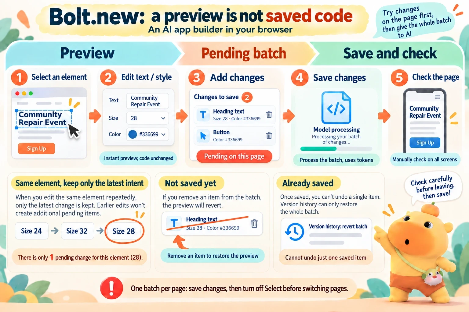 Select and preview elements, add changes to a page batch, inspect and submit to update code, then manually check narrow layouts; remove pending changes or restore a saved whole-batch version.