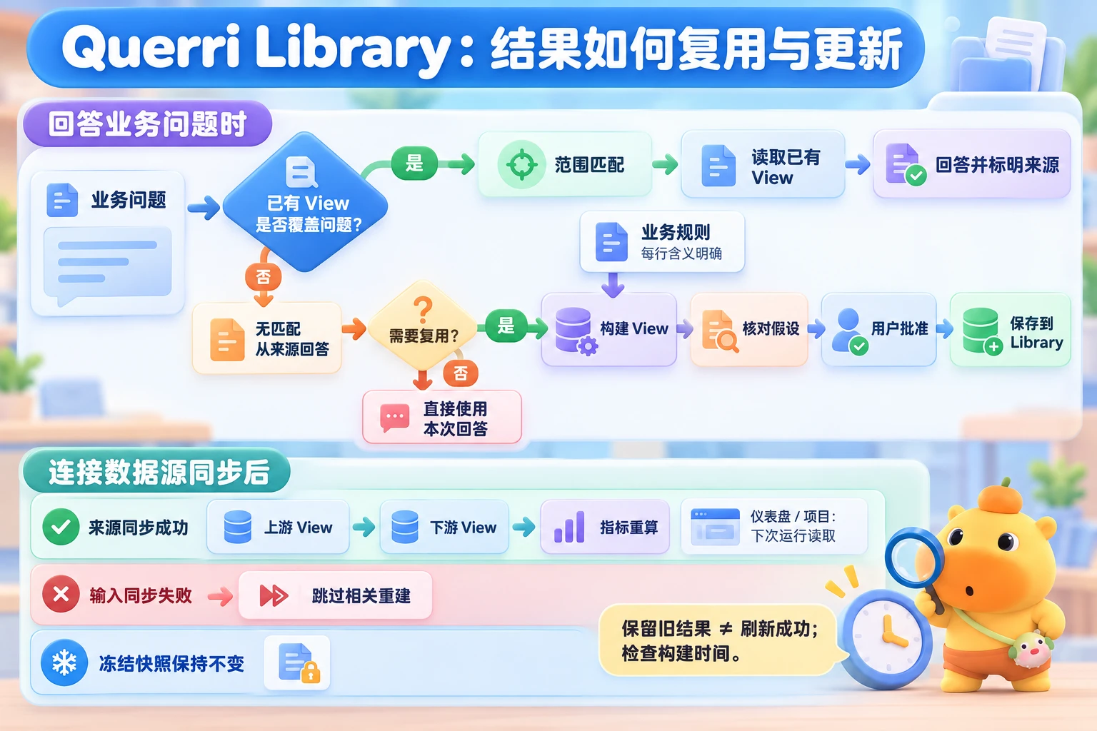 Querri按问题范围读取已有匹配View，没有匹配时从来源回答；若需新建供复用的View，应核对假设并批准保存。同步更新、输入失败和冻结快照是分开的情况。