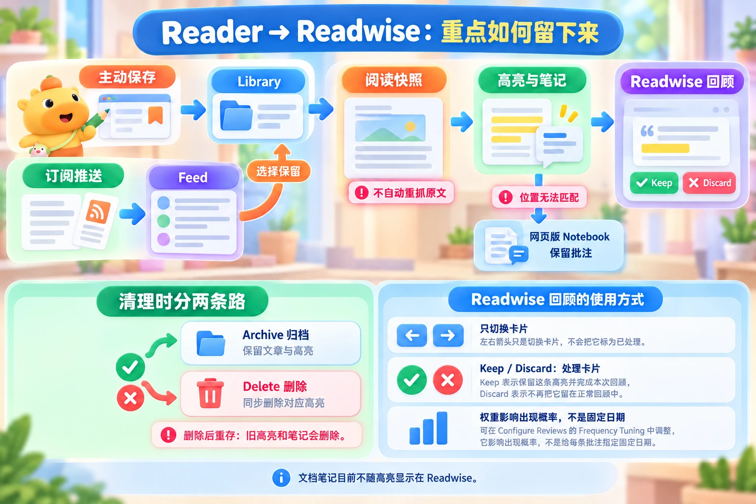 Reader主动保存与订阅分流、高亮同步及位置异常保留，并区分归档删除和回顾处理。
