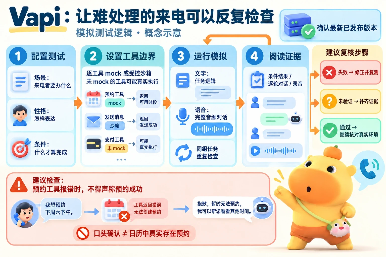 明确已发布版本，将场景和性格组合，设置逐工具隔离，运行文字或语音测试，读对话与判定后修正复测。