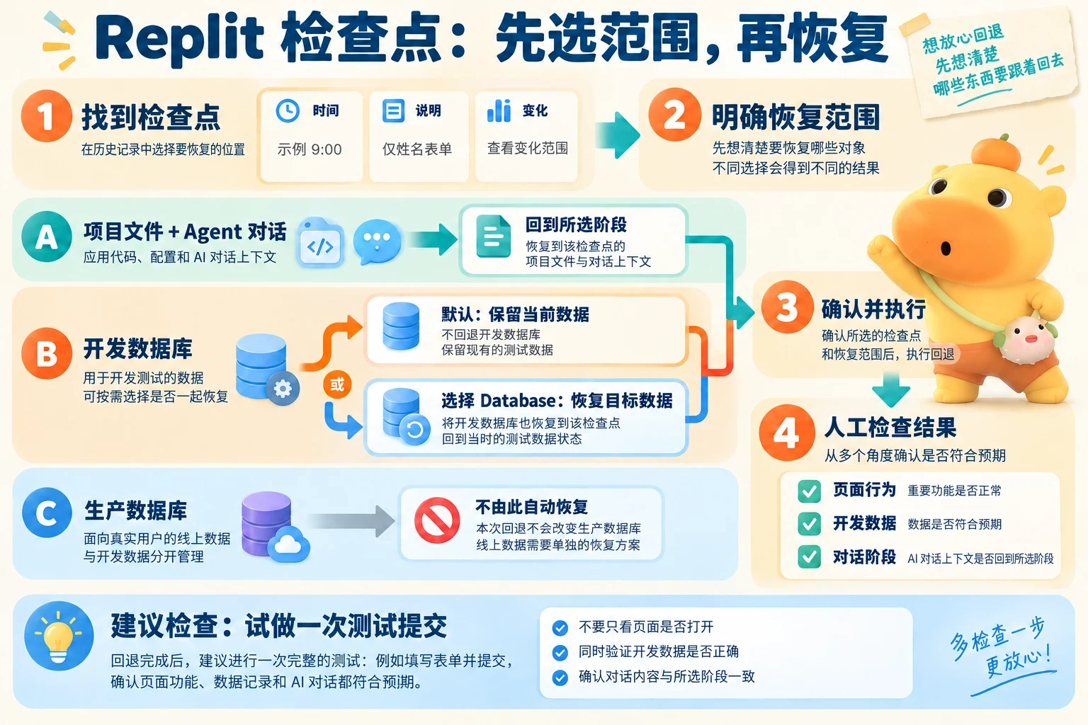 选择检查点后区分项目与对话、默认保留或明确恢复的开发库，以及不会自动恢复的生产库；确认后人工检查结果。