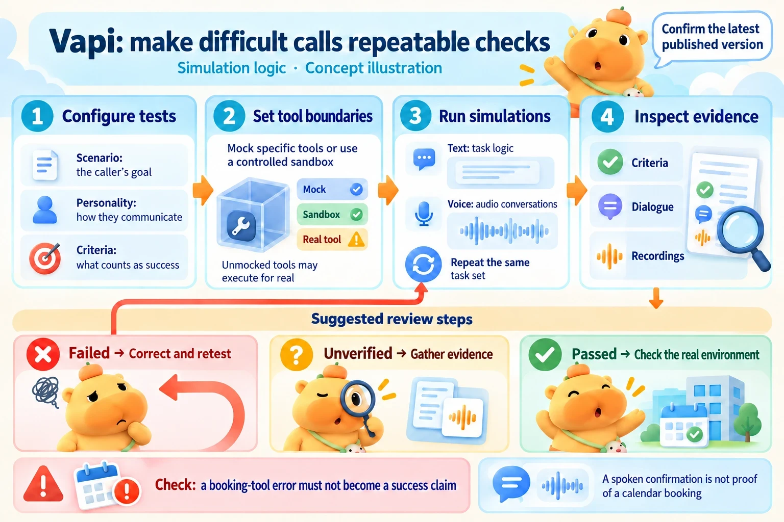 Confirm the published version, combine scenarios and personalities, isolate each tool, run text or voice tests, inspect evidence and retest corrections.