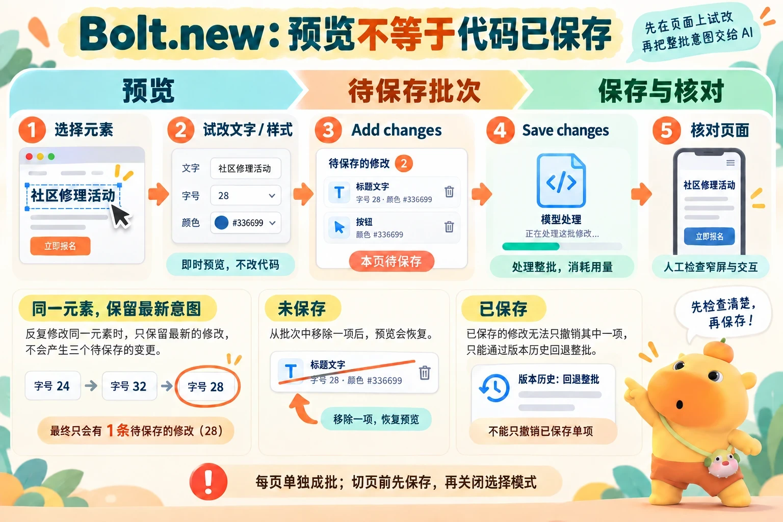 选择元素并预览，加入当前页面批次，检查和提交后更新代码，再人工核对窄屏效果；未保存可移除，保存后按整批版本恢复。